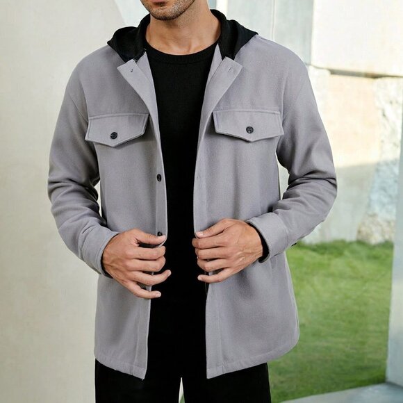 Grey Casual Mens Flap Detail Hooded Coat - Picture 3 of 5